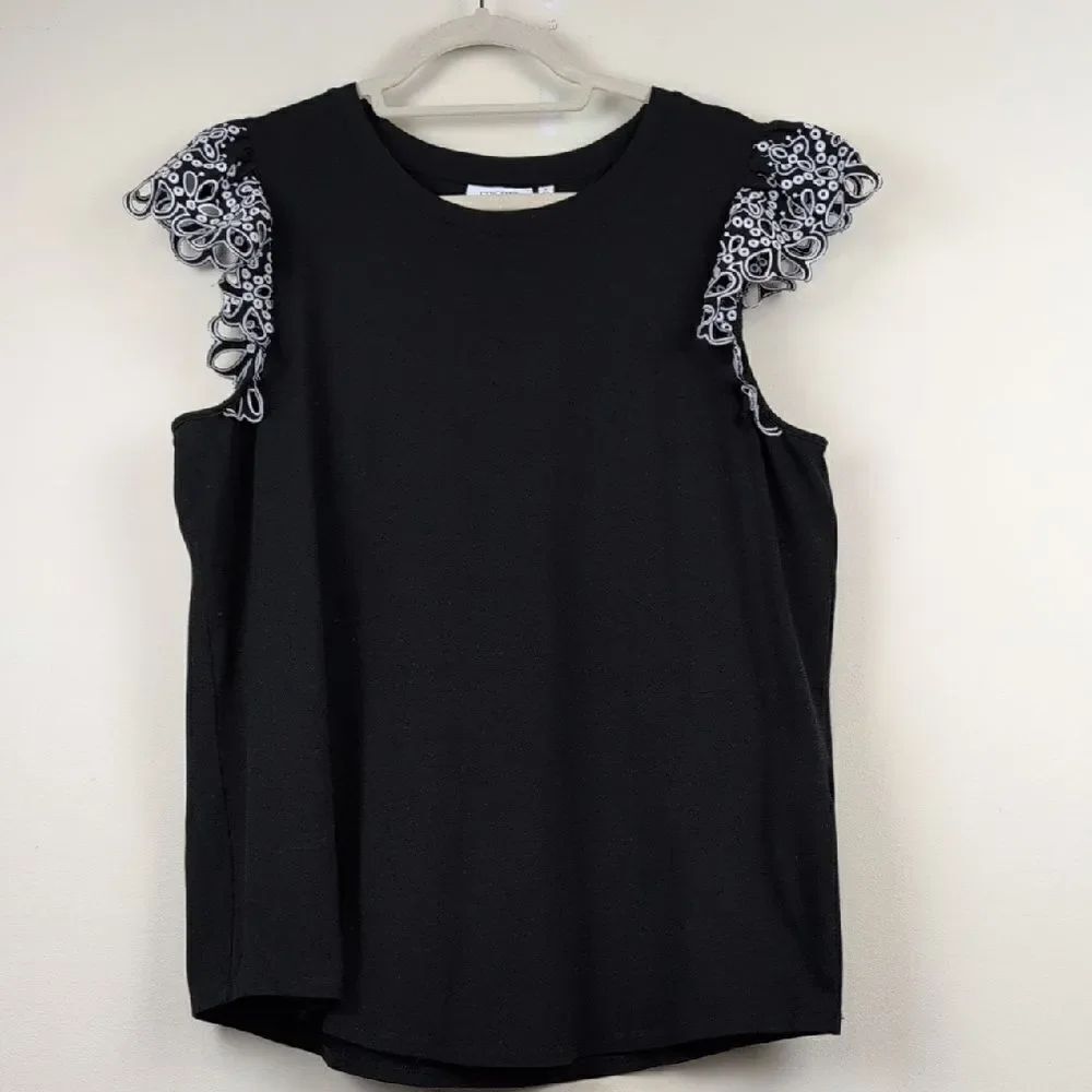 Chico's Black Eyelet Cap Sleeve Tee Size XL